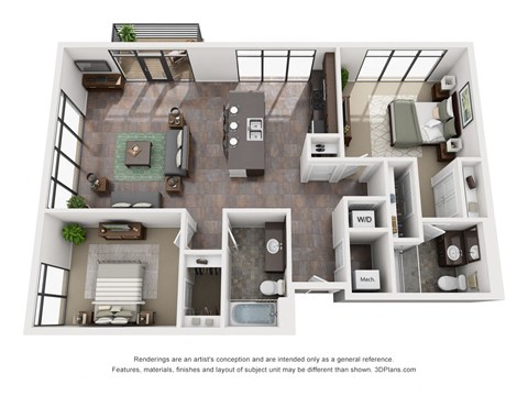 Floor plan for 2 beds, 2 baths, 1200 sqft